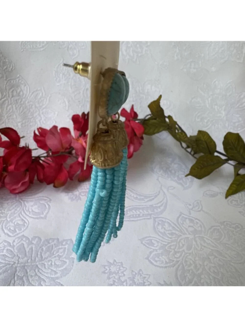Colombus And Lovely Earrings Turquoise Blue Tassel Seed Bead GoldTone 3.5